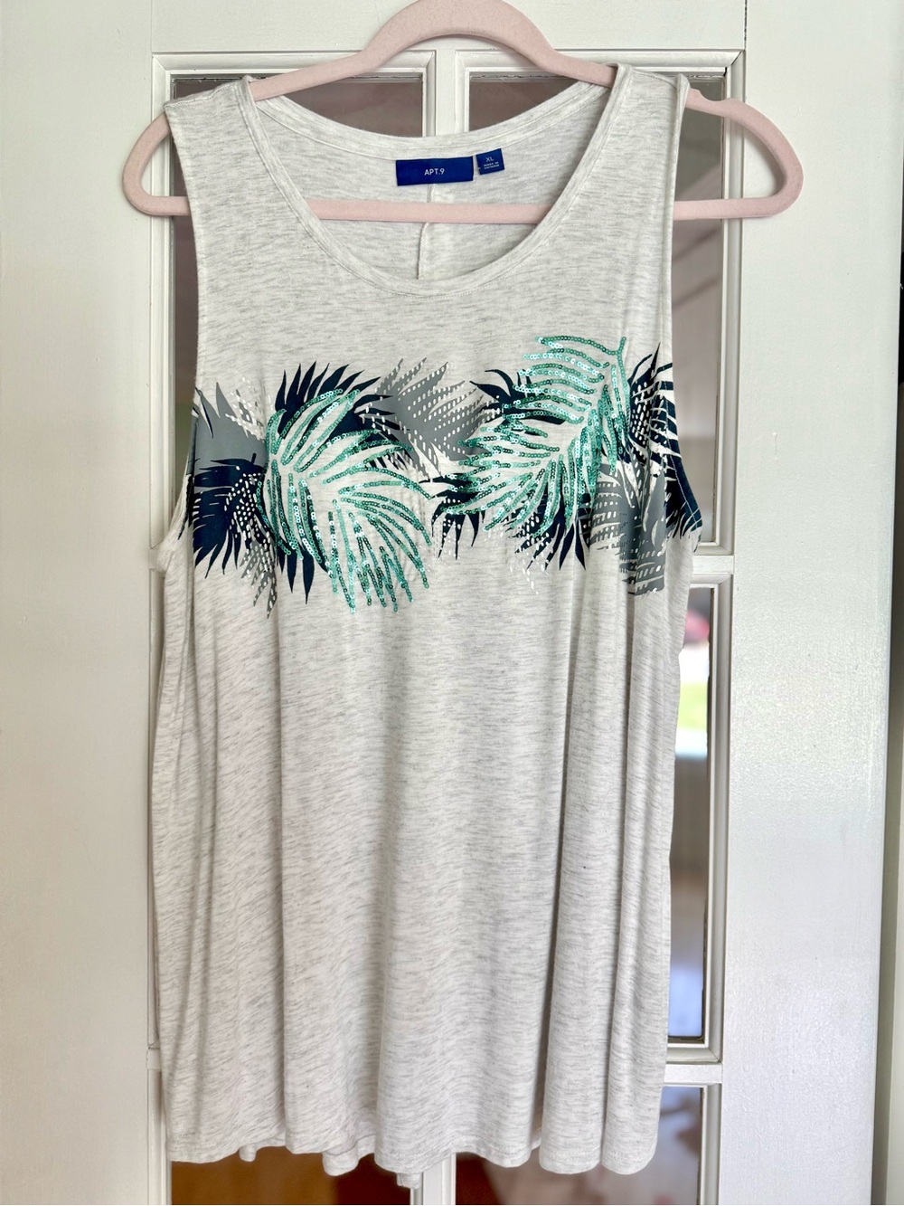 Apt. 9 Turquoise Tropical Sequin Graphic Grey Tank Top, Women’s Size XL